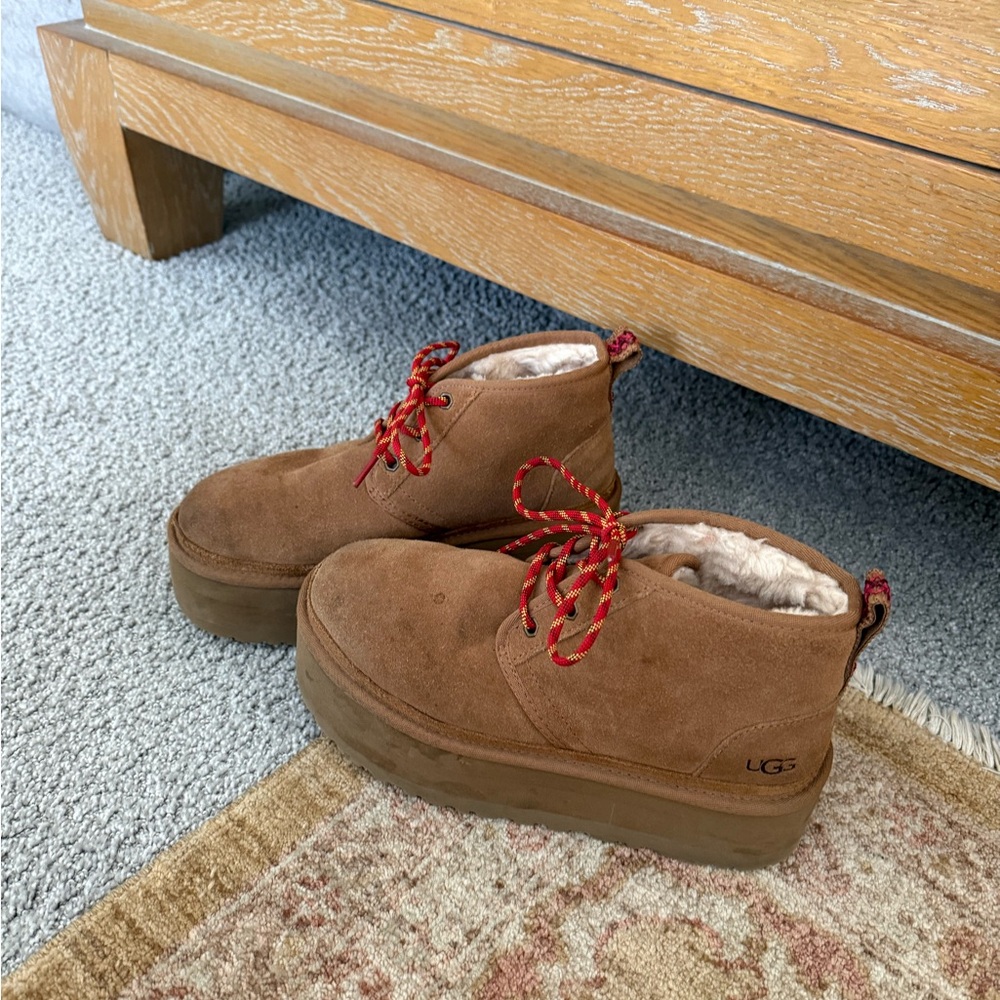 UGG Tan Suede Platform Boots with Red Laces